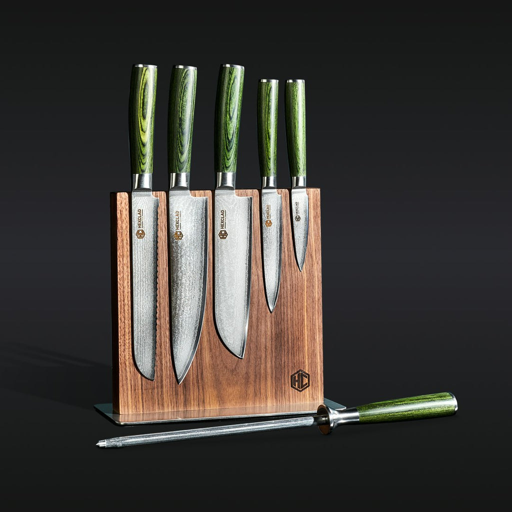 Damascus Steel Knife Set, 7-pc (Green) by HexClad — brand photography
